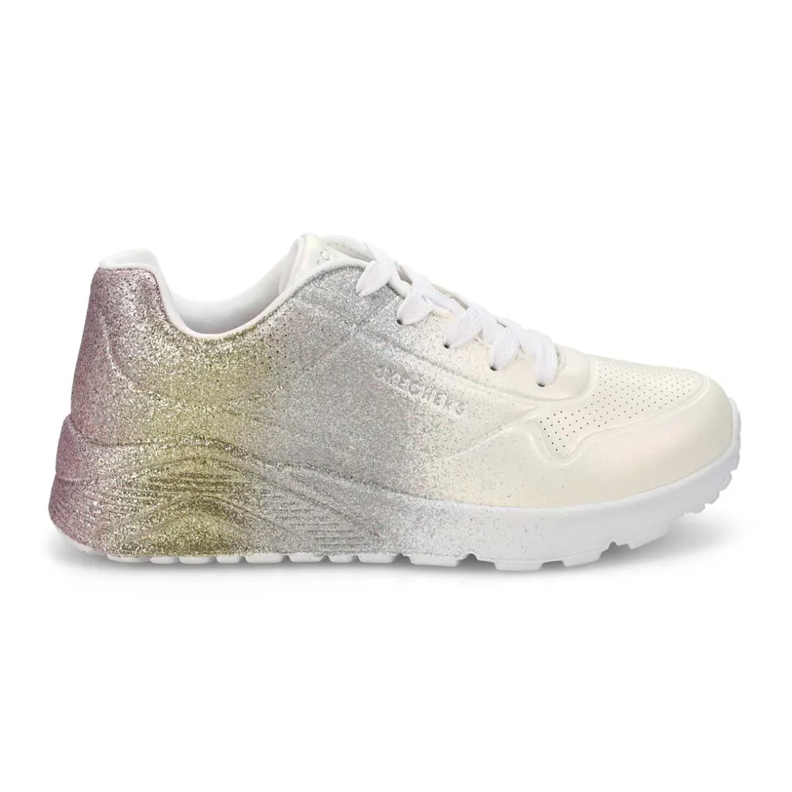 Skechers Uno Lite Goldcrown Rainbow Foil Heart Girls Clearance